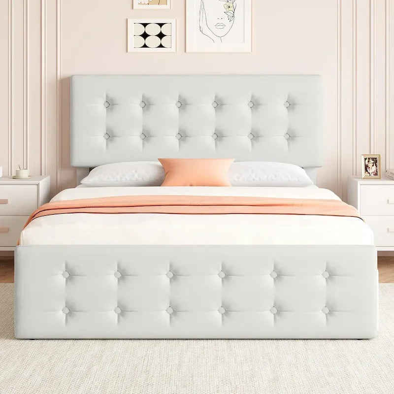 Letto matrimoniale Queen-size in lino grigio, capitonné, 4 cassetti contenitore, adatto per 2 persone