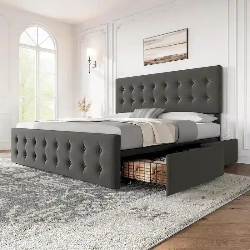 Letto matrimoniale Queen-size in lino grigio, capitonné, 4 cassetti contenitore, adatto per 2 persone