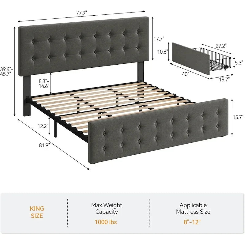 Letto matrimoniale Queen-size in lino grigio, capitonné, 4 cassetti contenitore, adatto per 2 persone