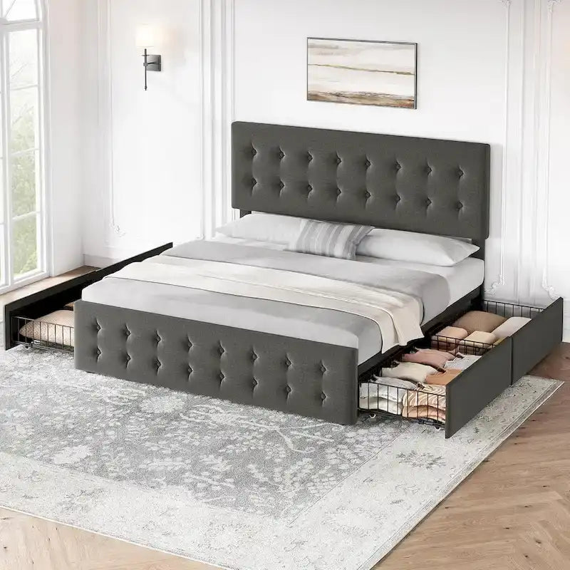 Letto matrimoniale Queen-size in lino grigio, capitonné, 4 cassetti contenitore, adatto per 2 persone