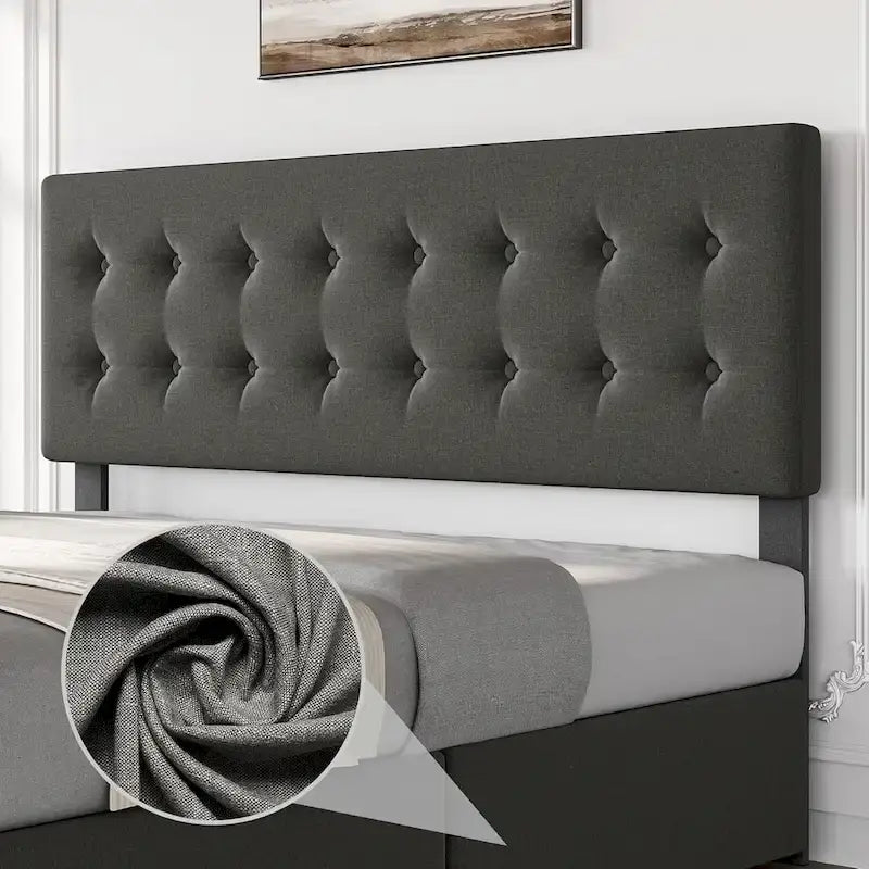 Letto matrimoniale Queen-size in lino grigio, capitonné, 4 cassetti contenitore, adatto per 2 persone