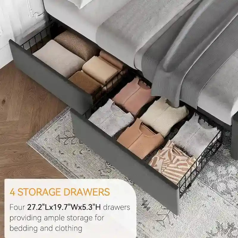 Letto matrimoniale Queen-size in lino grigio, capitonné, 4 cassetti contenitore, adatto per 2 persone