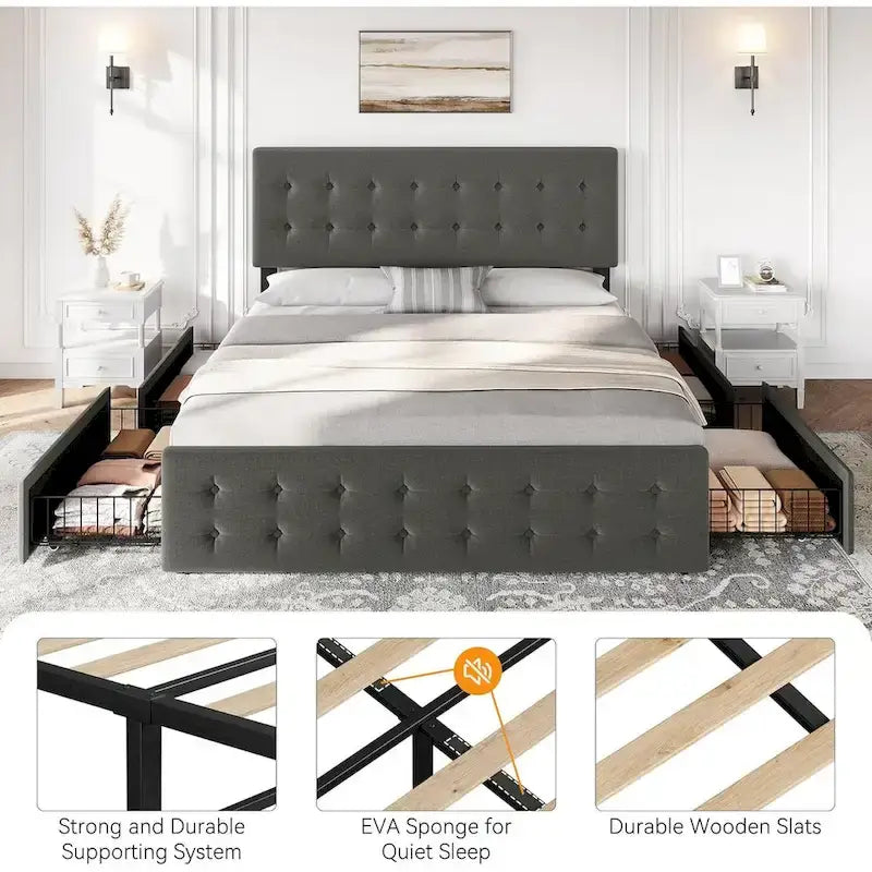 Letto matrimoniale Queen-size in lino grigio, capitonné, 4 cassetti contenitore, adatto per 2 persone