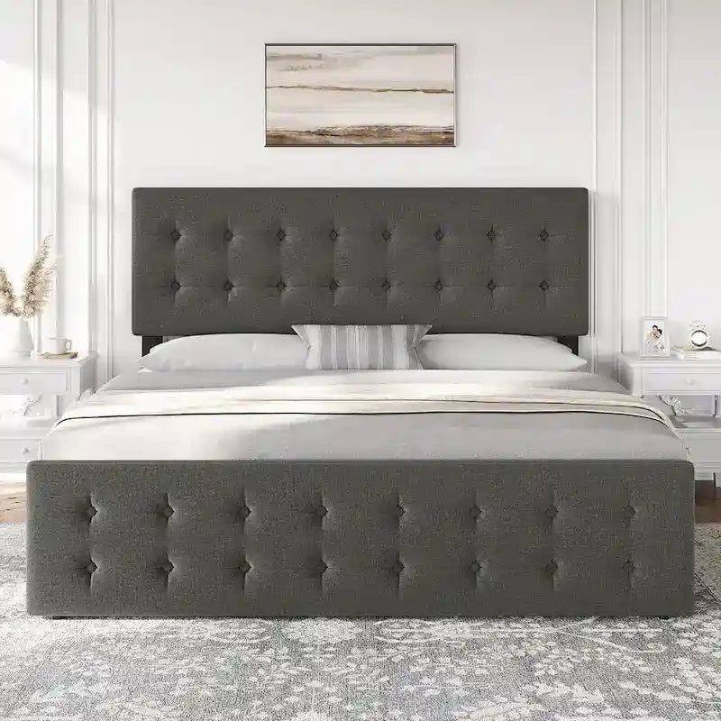 Letto matrimoniale Queen-size in lino grigio, capitonné, 4 cassetti contenitore, adatto per 2 persone