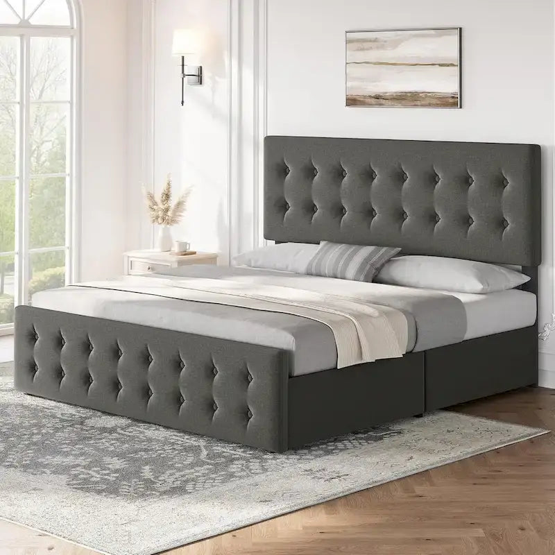 Letto matrimoniale Queen-size in lino grigio, capitonné, 4 cassetti contenitore, adatto per 2 persone