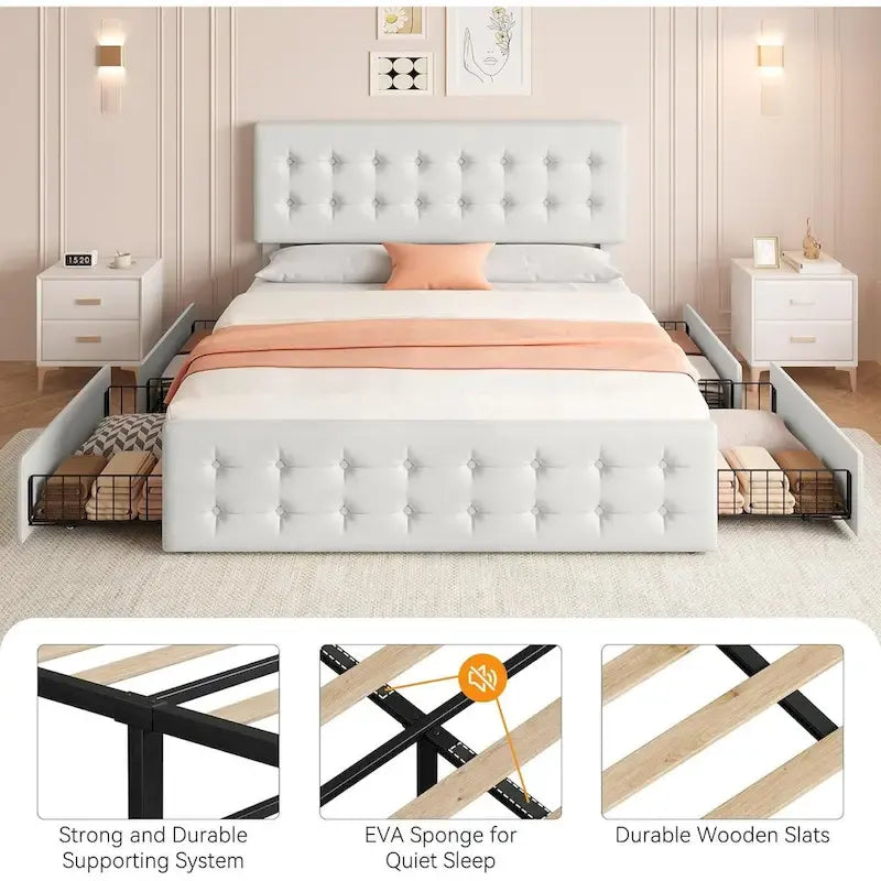 Letto matrimoniale Queen-size in lino grigio, capitonné, 4 cassetti contenitore, adatto per 2 persone