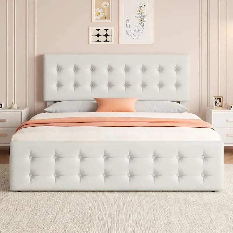 Letto matrimoniale Queen-size in lino grigio, capitonné, 4 cassetti contenitore, adatto per 2 persone