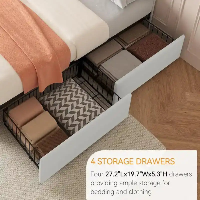Letto matrimoniale Queen-size in lino grigio, capitonné, 4 cassetti contenitore, adatto per 2 persone