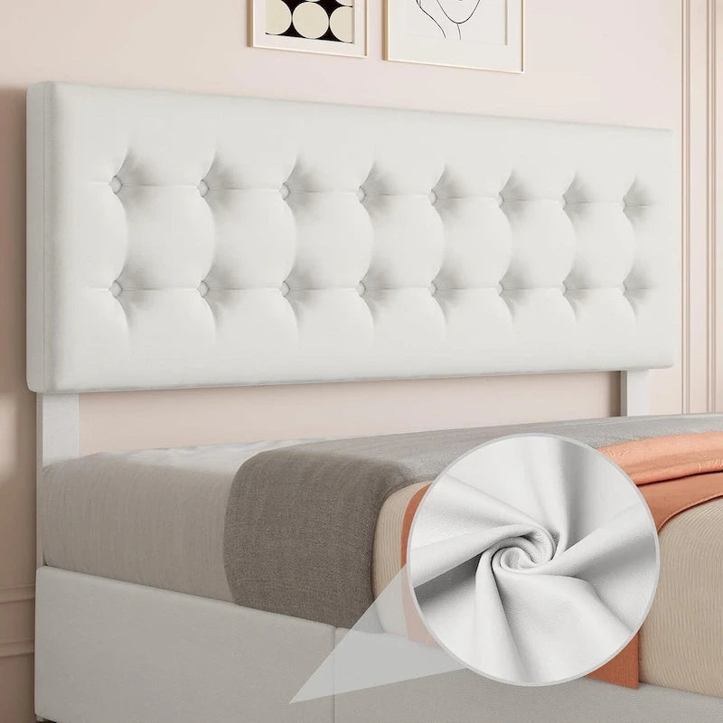 Letto matrimoniale Queen-size in lino grigio, capitonné, 4 cassetti contenitore, adatto per 2 persone