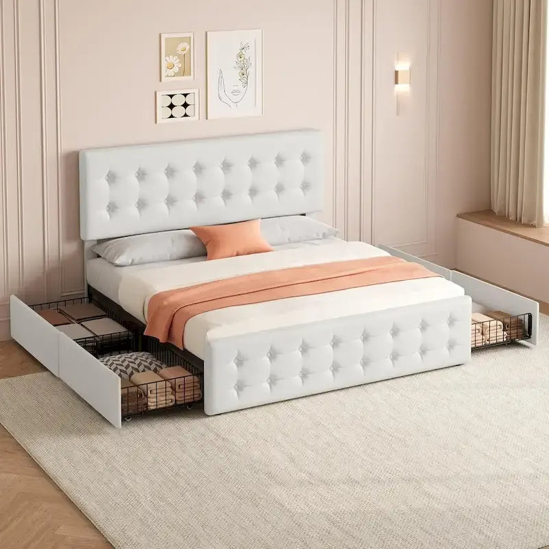 Letto matrimoniale Queen-size in lino grigio, capitonné, 4 cassetti contenitore, adatto per 2 persone