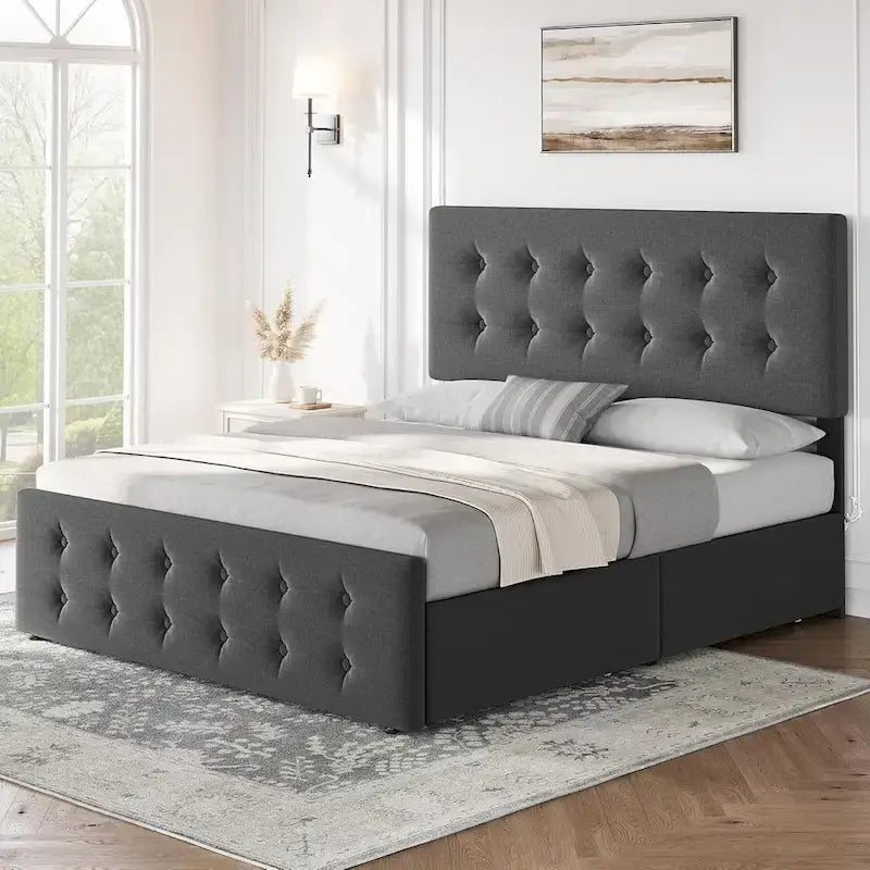 Letto matrimoniale Queen-size in lino grigio, capitonné, 4 cassetti contenitore, adatto per 2 persone