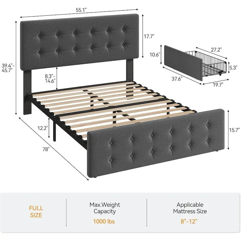 Letto matrimoniale Queen-size in lino grigio, capitonné, 4 cassetti contenitore, adatto per 2 persone