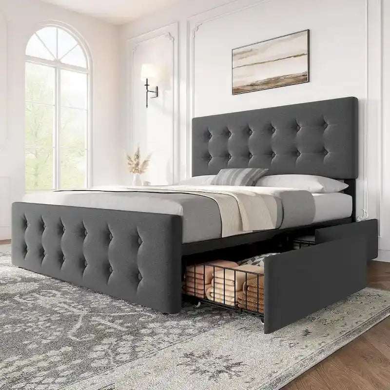Letto matrimoniale Queen-size in lino grigio, capitonné, 4 cassetti contenitore, adatto per 2 persone