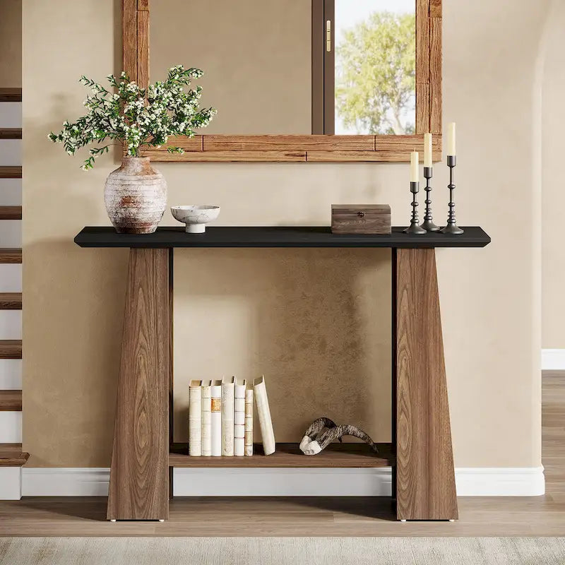 Consolle nera e noce, stile Mid-Century Modern, 1 ripiano