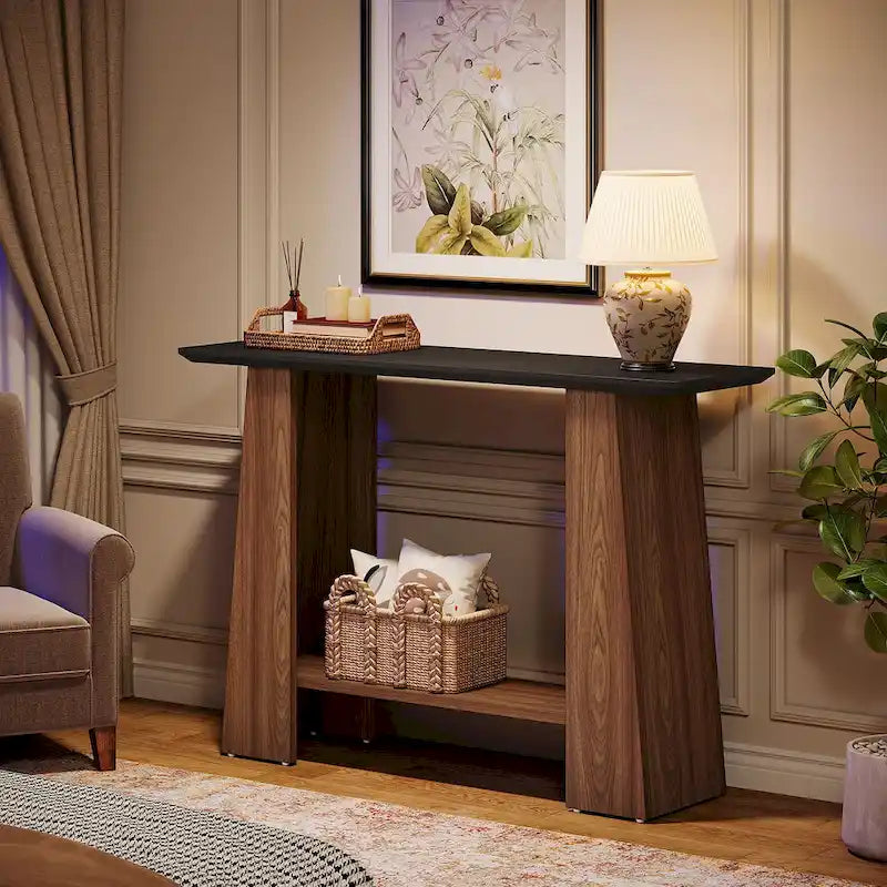 Consolle nera e noce, stile Mid-Century Modern, 1 ripiano