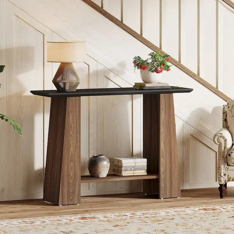 Consolle nera e noce, stile Mid-Century Modern, 1 ripiano