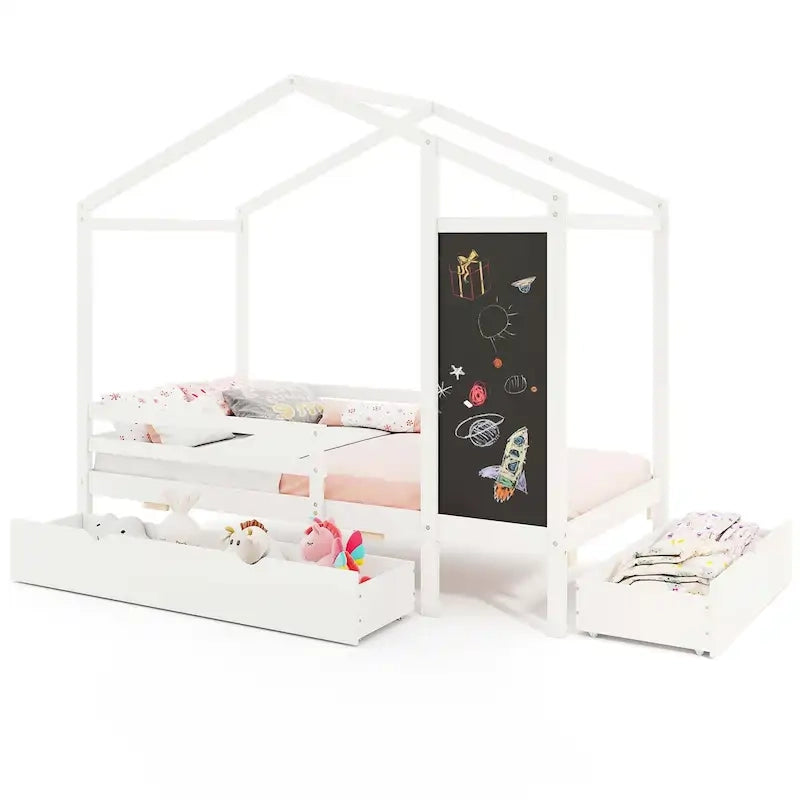 Letto a capanna bianco/grigio con lavagna e 2 cassetti, singolo