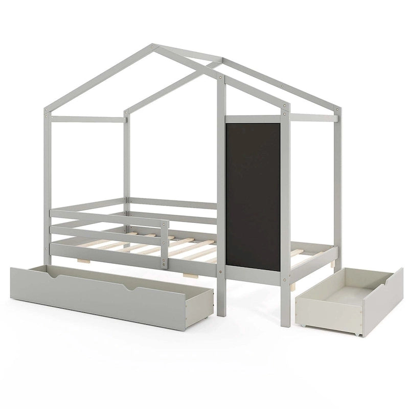 Letto a capanna bianco/grigio con lavagna e 2 cassetti, singolo