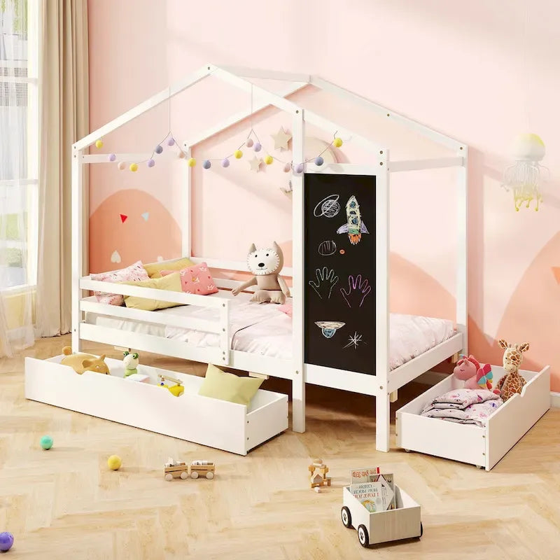 Letto a capanna bianco/grigio con lavagna e 2 cassetti, singolo