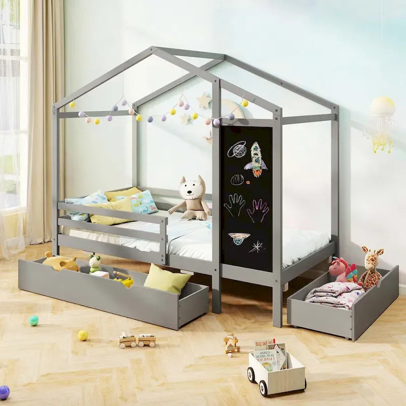 Letto a capanna bianco/grigio con lavagna e 2 cassetti, singolo