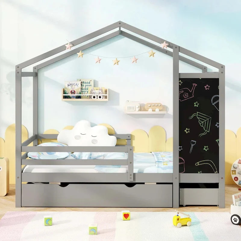 Letto a capanna bianco/grigio con lavagna e 2 cassetti, singolo
