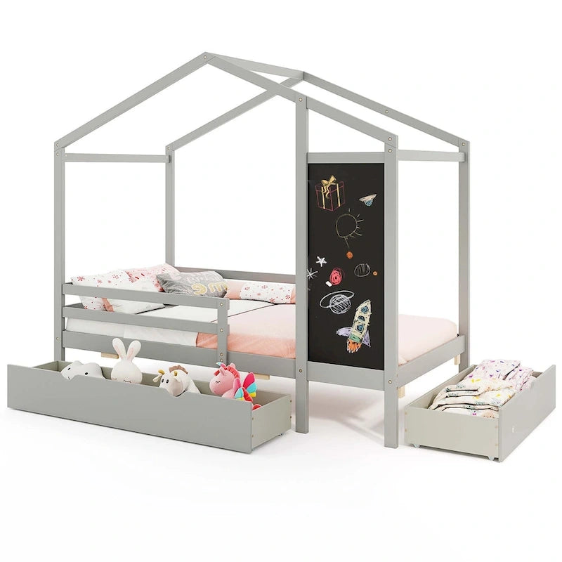 Letto a capanna bianco/grigio con lavagna e 2 cassetti, singolo