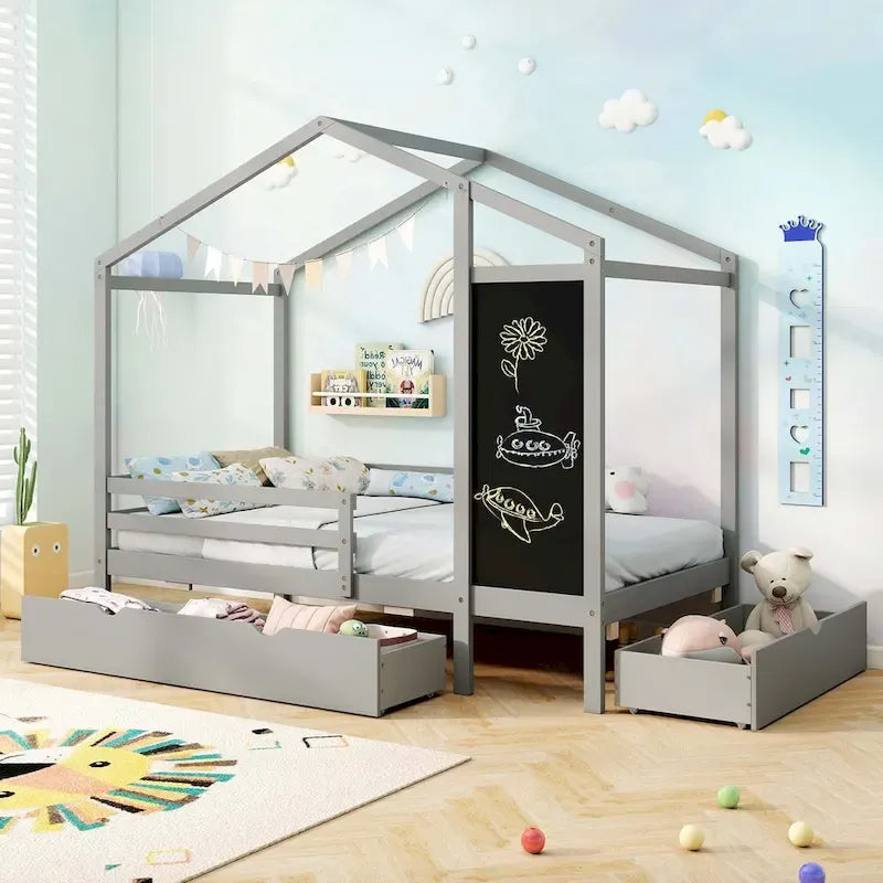 Letto a capanna bianco/grigio con lavagna e 2 cassetti, singolo