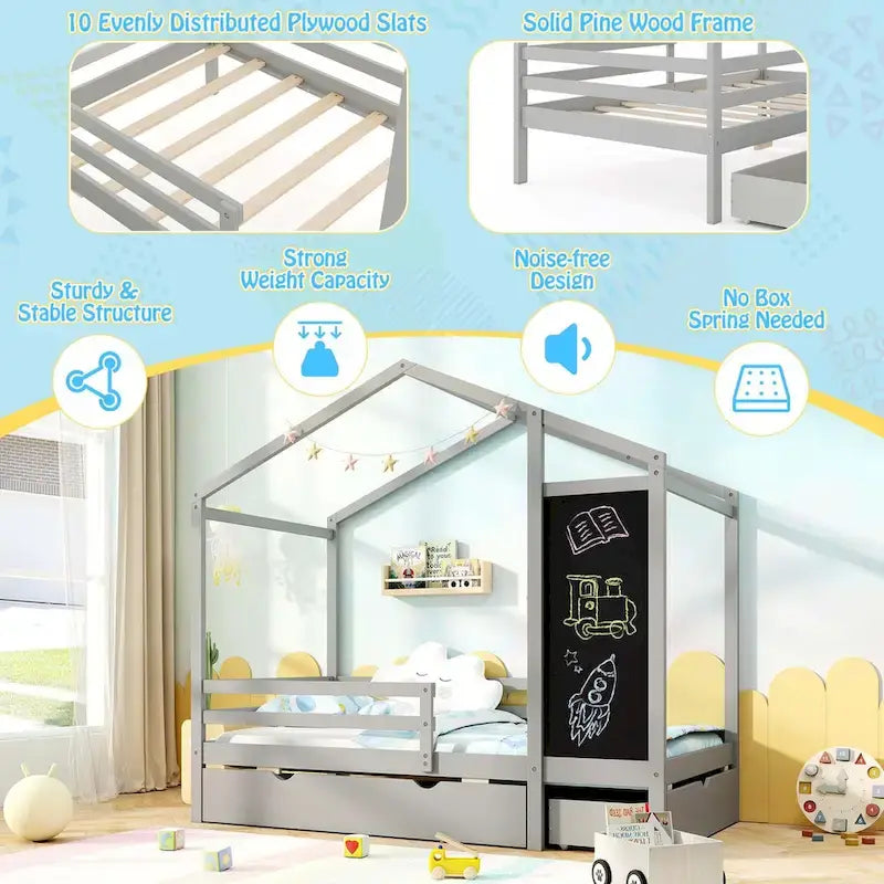 Letto a capanna bianco/grigio con lavagna e 2 cassetti, singolo