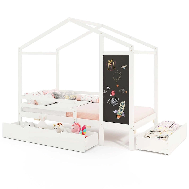 Letto a capanna bianco/grigio con lavagna e 2 cassetti, singolo