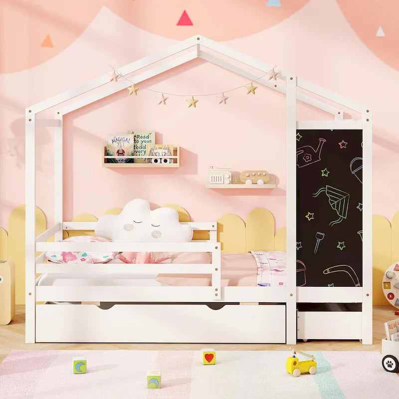 Letto a capanna bianco/grigio con lavagna e 2 cassetti, singolo