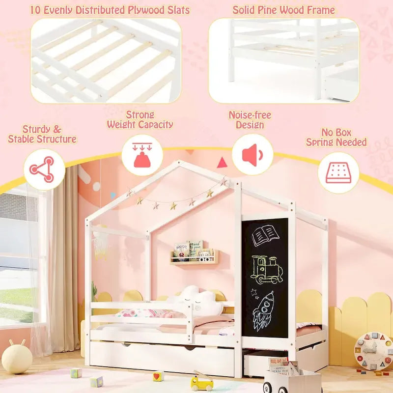 Letto a capanna bianco/grigio con lavagna e 2 cassetti, singolo