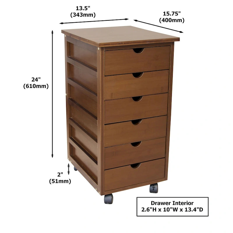 Espresso / Caramello / Naturale / Bambù Bianco Carrello contenitore a 6 cassetti con ruote – 1 Persona