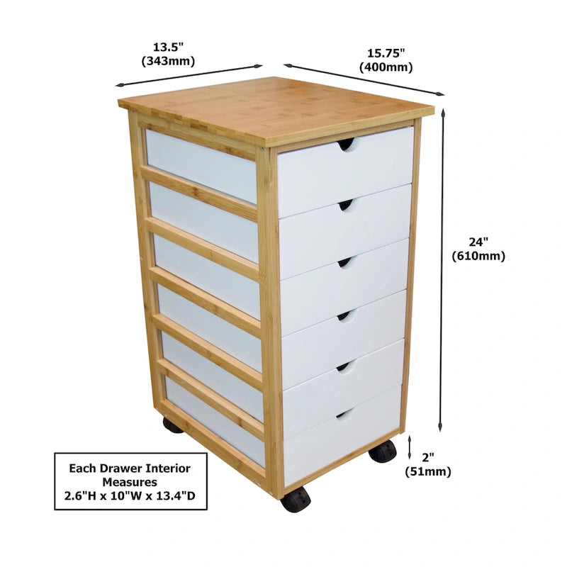 Espresso / Caramello / Naturale / Bambù Bianco Carrello contenitore a 6 cassetti con ruote – 1 Persona
