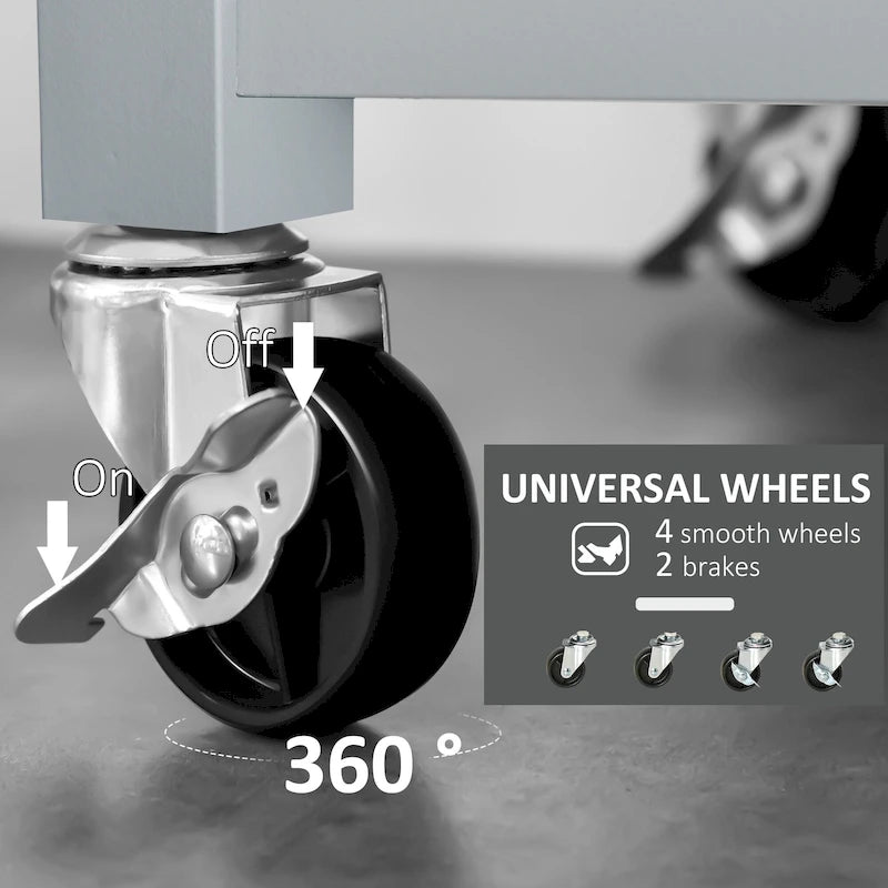 Carrello da Cucina a 3 Ripiani Grigio con Top in Acciaio Inox, per 1 Persona