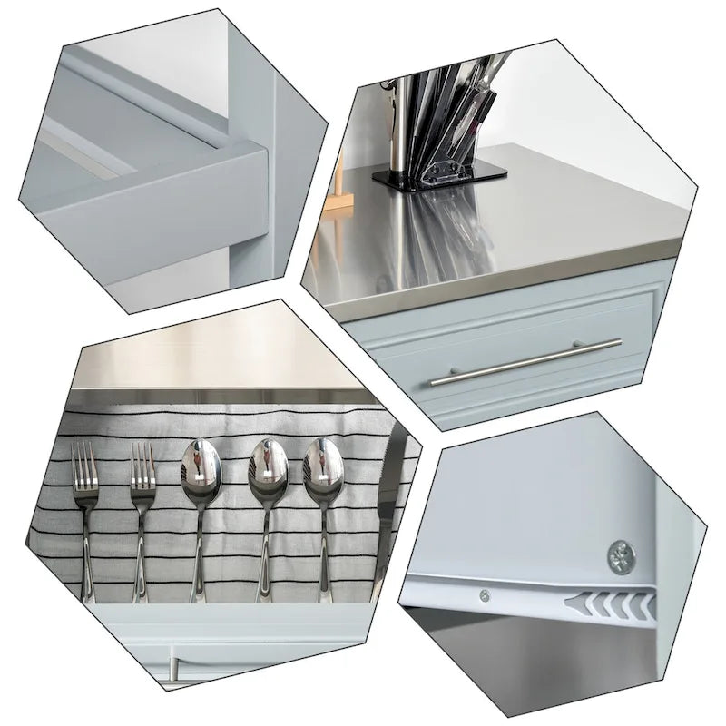 Carrello da Cucina a 3 Ripiani Grigio con Top in Acciaio Inox, per 1 Persona