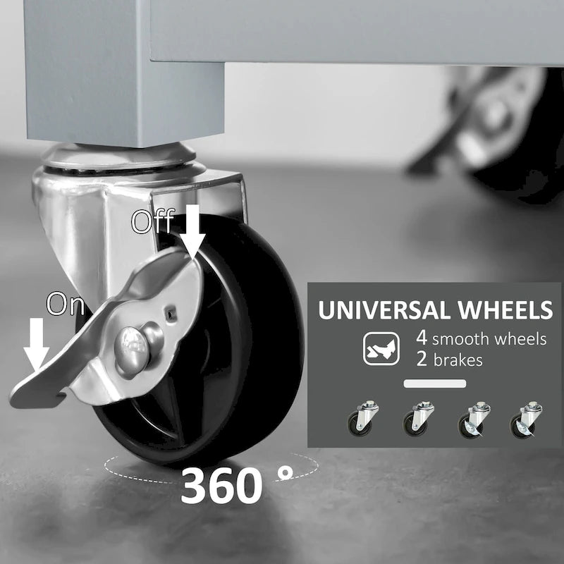 Carrello da Cucina a 3 Ripiani Grigio con Top in Acciaio Inox, per 1 Persona