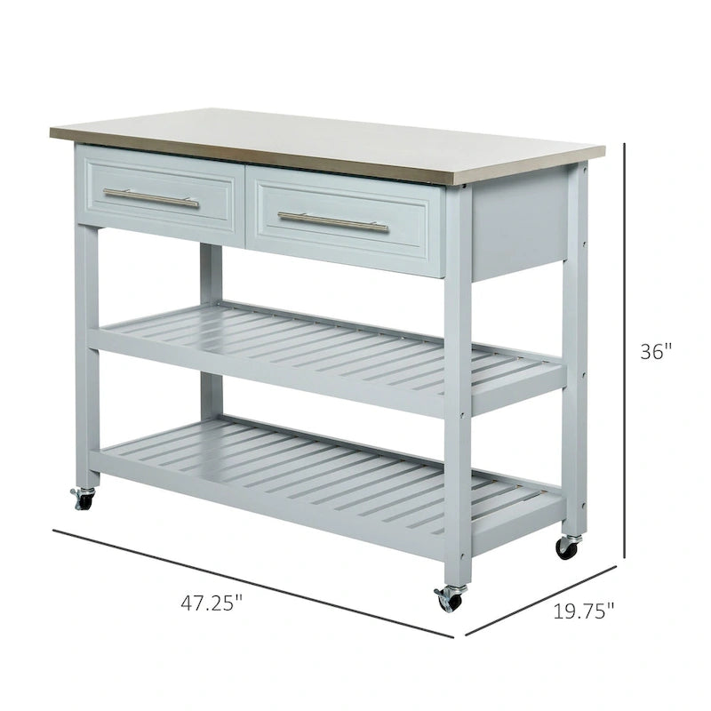 Carrello da Cucina a 3 Ripiani Grigio con Top in Acciaio Inox, per 1 Persona