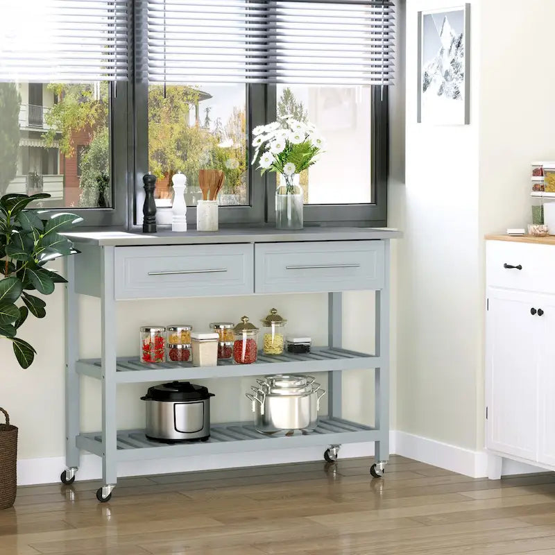 Carrello da Cucina a 3 Ripiani Grigio con Top in Acciaio Inox, per 1 Persona