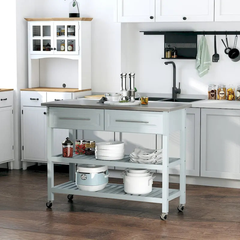Carrello da Cucina a 3 Ripiani Grigio con Top in Acciaio Inox, per 1 Persona