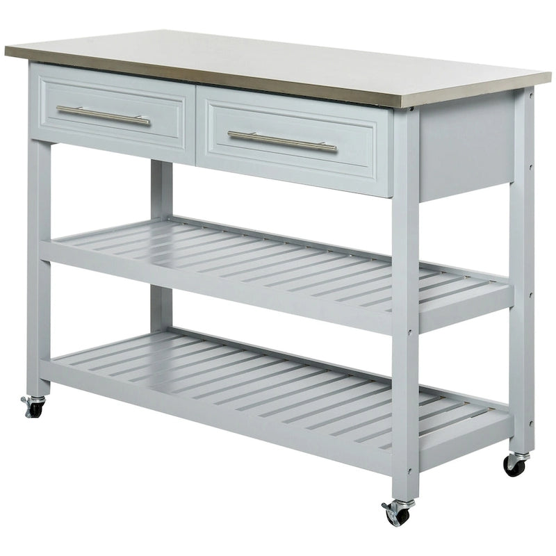Carrello da Cucina a 3 Ripiani Grigio con Top in Acciaio Inox, per 1 Persona