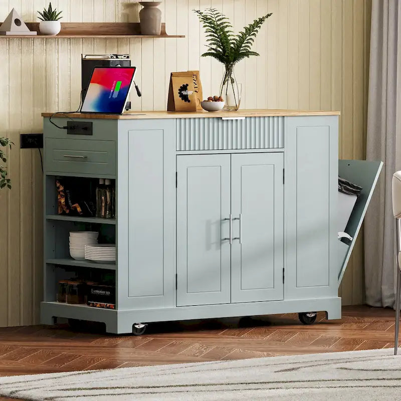Isola da cucina scanalata con mobile per pattumiera – Nero / Grigio+Blu / Bianco, Postazione di lavoro singola