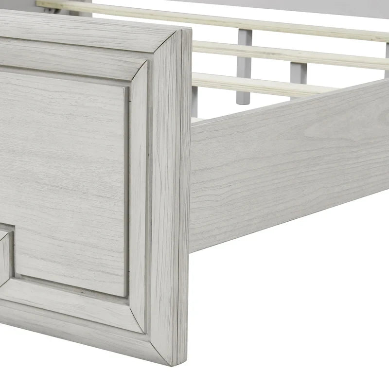 Letto rustico con pannello in legno bianco – Design intagliato, Queen/King, 2 posti letto