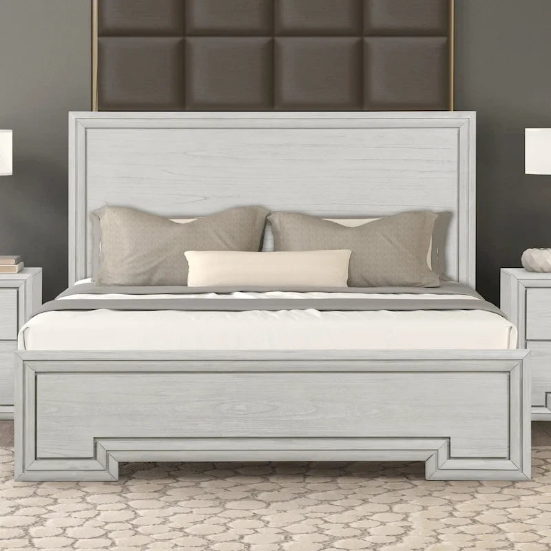 Letto rustico con pannello in legno bianco – Design intagliato, Queen/King, 2 posti letto