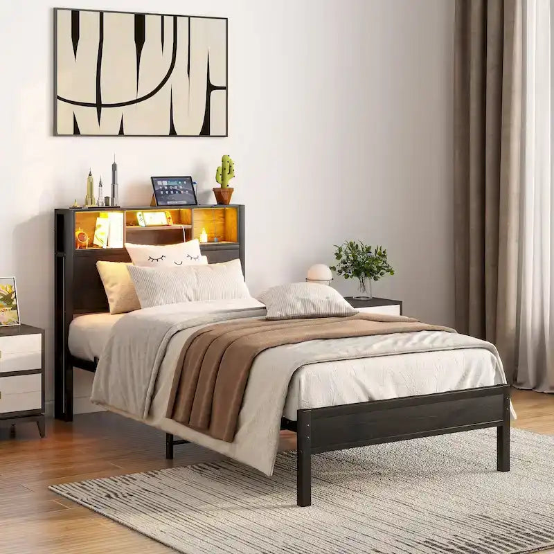 Letto a piattaforma in metallo marrone nero con testiera a LED e stazione di ricarica – Twin, 1 persona