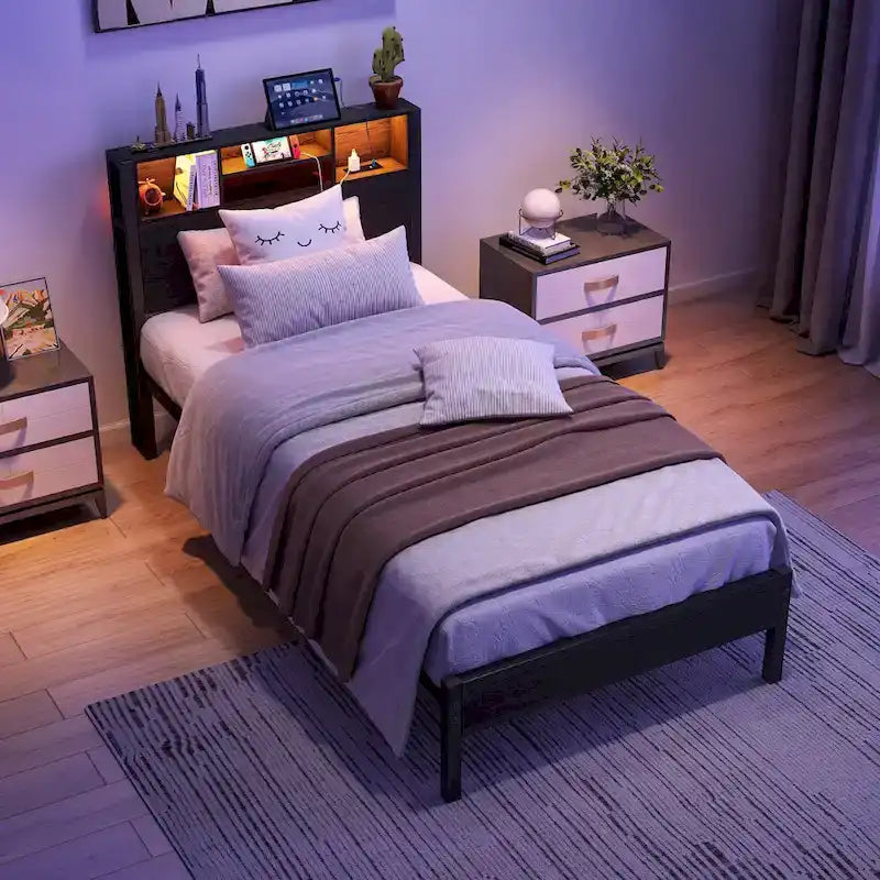 Letto a piattaforma in metallo marrone nero con testiera a LED e stazione di ricarica – Twin, 1 persona