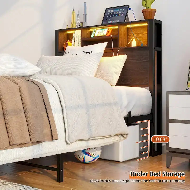 Letto a piattaforma in metallo marrone nero con testiera a LED e stazione di ricarica – Twin, 1 persona