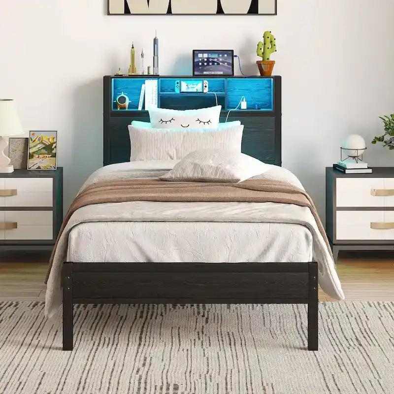 Letto a piattaforma in metallo marrone nero con testiera a LED e stazione di ricarica – Twin, 1 persona