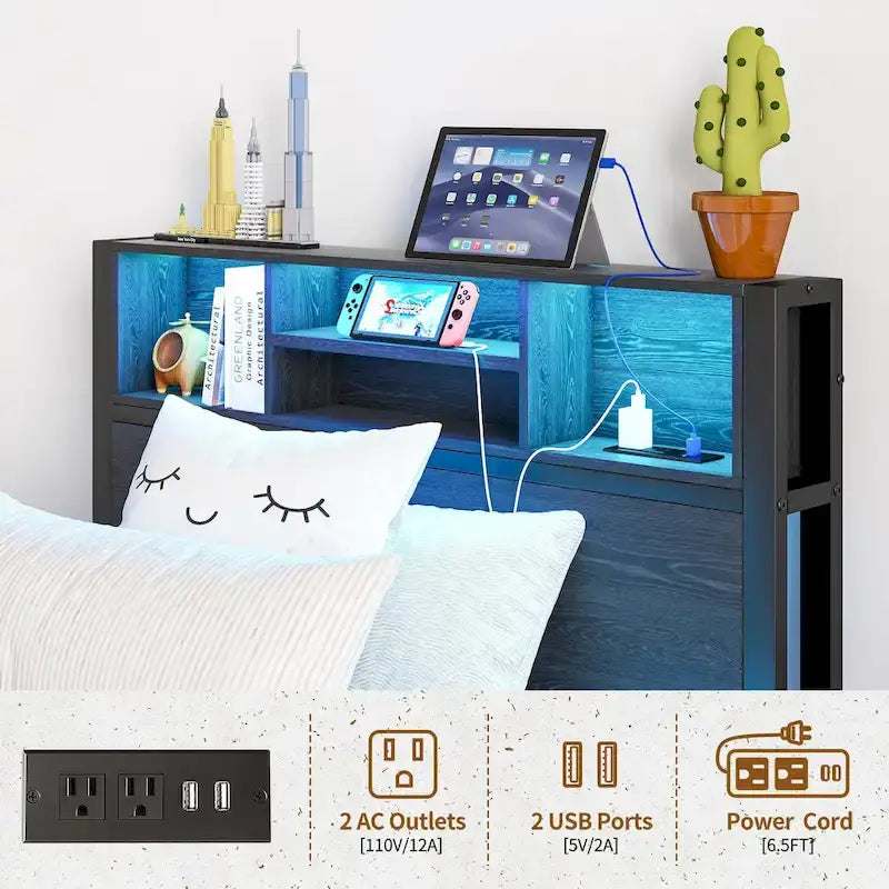 Letto a piattaforma in metallo marrone nero con testiera a LED e stazione di ricarica – Twin, 1 persona