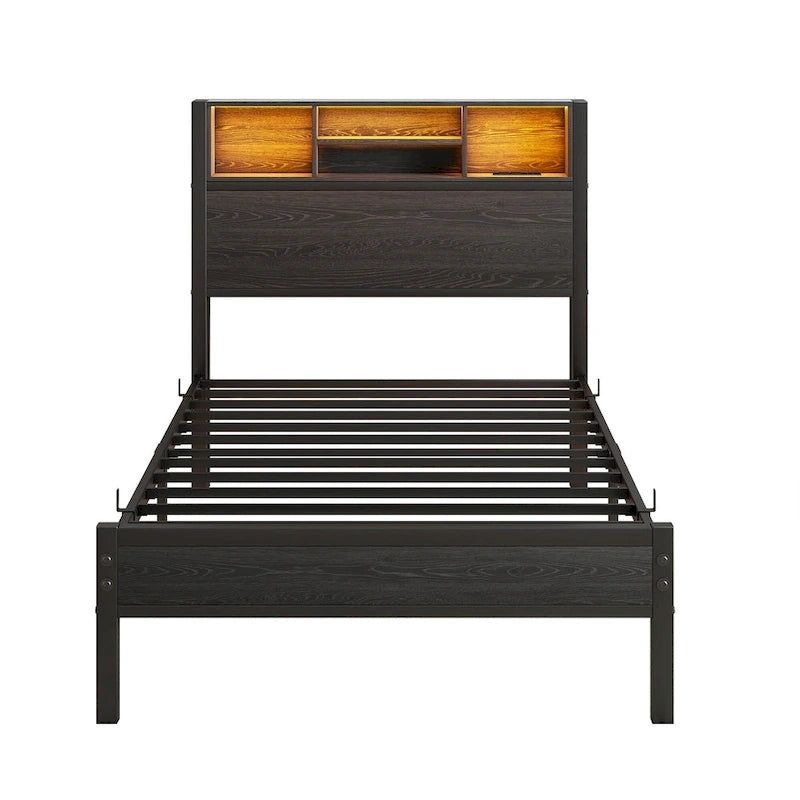 Letto a piattaforma in metallo marrone nero con testiera a LED e stazione di ricarica – Twin, 1 persona
