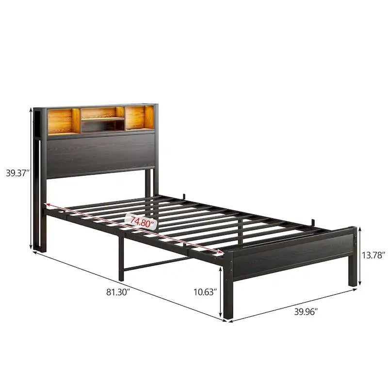 Letto a piattaforma in metallo marrone nero con testiera a LED e stazione di ricarica – Twin, 1 persona